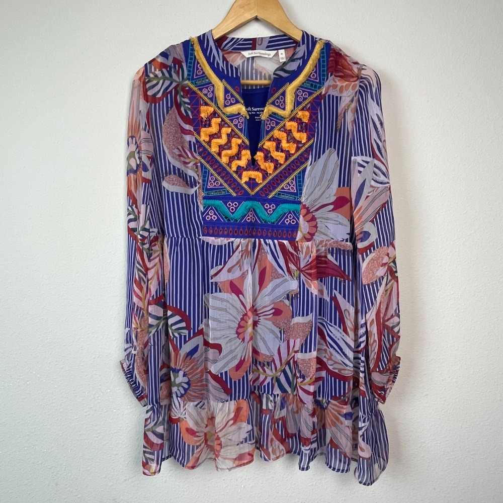 Soft Surroundings Embroidered Floral Striped Tunic Top Blue LP Fairy Artsy Boho